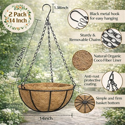 2 Pak Keranjang Tanaman Gantung Logam Dengan Coco Liner